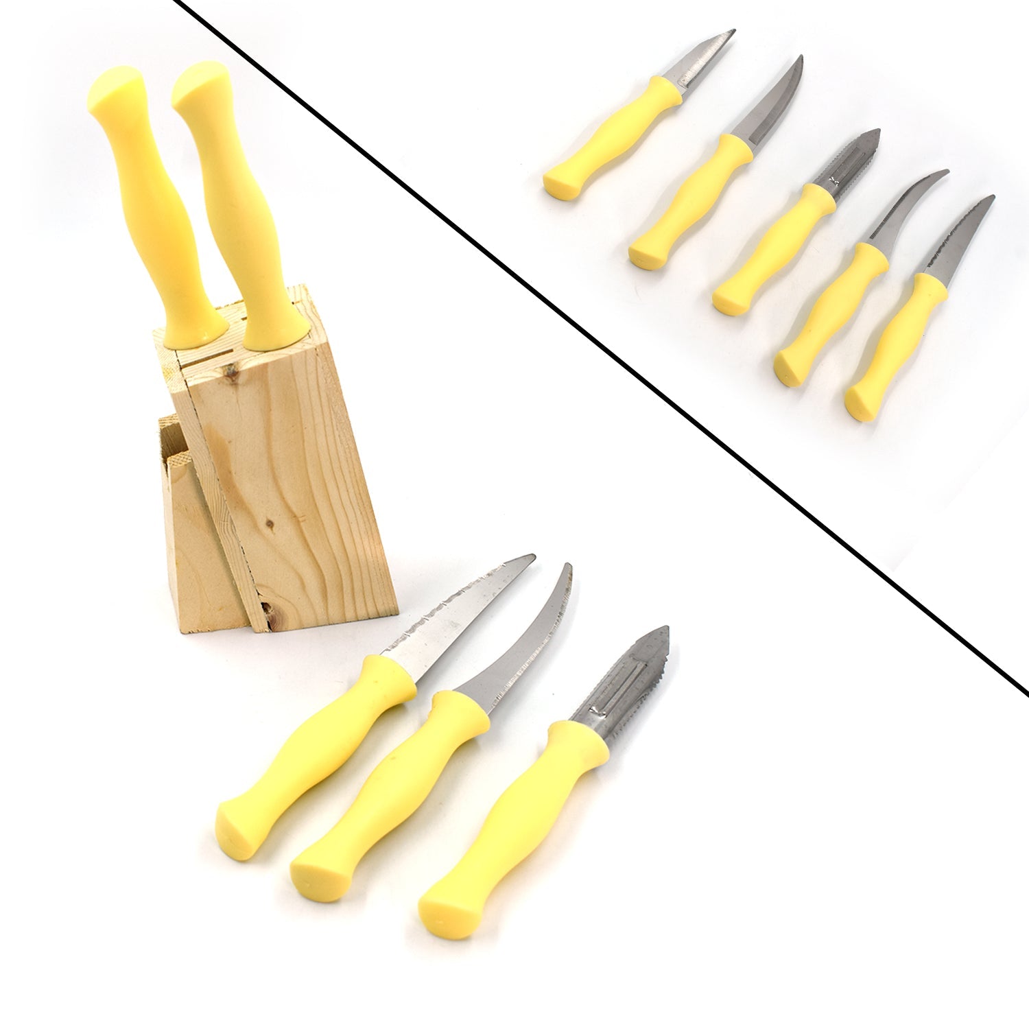 0102A Stainless Steel Kitchen Knife Set with Wooden Stand & Scissor Vegetable & Meat Cutting DeoDap 0102A Stainless Steel Kitchen Knife Set with Wooden Stand & Scissor Vegetable & Meat Cutting DeoDap
